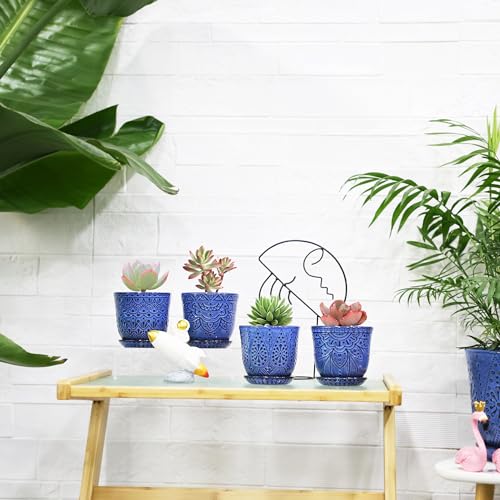 Gepege Ceramic Succulent Pots, 4 Inch Small Plant Pots with Drainage | Ceramic succulent pots with drainage holes, ceramic saucers and mesh pads, set of 4, ideal for cactus and succulents - color: Blue, size: 4 Inch - Set of 4