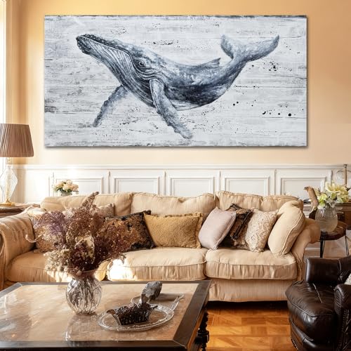 ZUNARE Large Whale Wall Art Monochrome Canvas for Living Room 29x58 Inch - color: Blue, size: 58"L x 29"W