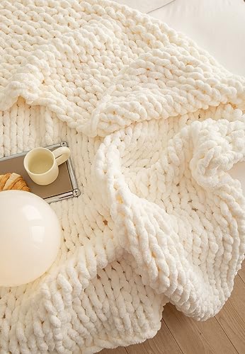 Chunky Knit Blanket Soft Chenille Yarn Knitted Throw Blanket 50"X60" Handmade Cable Warm Thick Giant Blanket for Couch Bed Trips (White, Throw 50"X60")?-¡­ - color: Cream White, size: Throw 50"X60"
