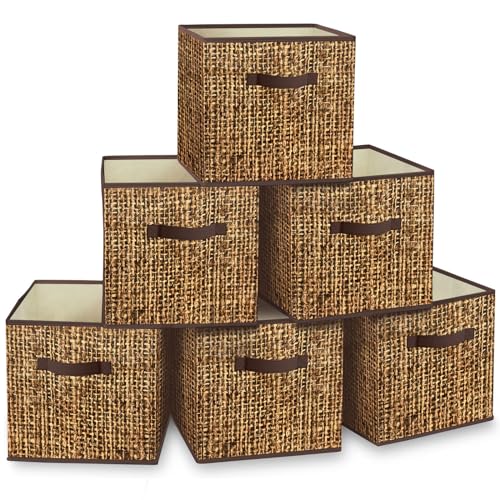 11x11 Cube Storage Bins - Fabric Cubby Bins with Dual Handles, Collapsible Storage Organizer for Shelf, Closet, Nursery, Set of 6 (PRINTING instead of Real Rattan Weaving) - color: Brown Rattan Weaving Printing, size: 11inch