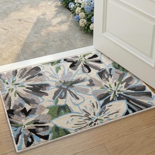 DEXI Front Door Entryway Mat 24x36, Non Slip Entry Doormat, Grey Floral | Washable Low Profile Inside Entrance Rugs, Hand Hooked Loop Pile Welcome Mats Dirt Trapper for House Floor, Garage, Patio - color: Grey Floral, size: 24" X 36" (Rectangular)