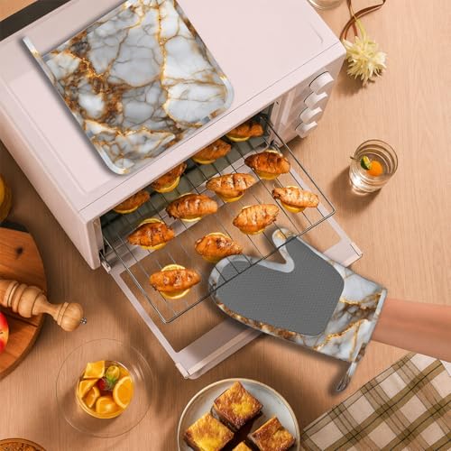 White Gold Marble Heat-Resistant Oven Mitts and Pot Holder Kitchen Non-Slip Silicone Cooking Microwave Gloves for Cooking Baking Grilling - color: White Gold Marble