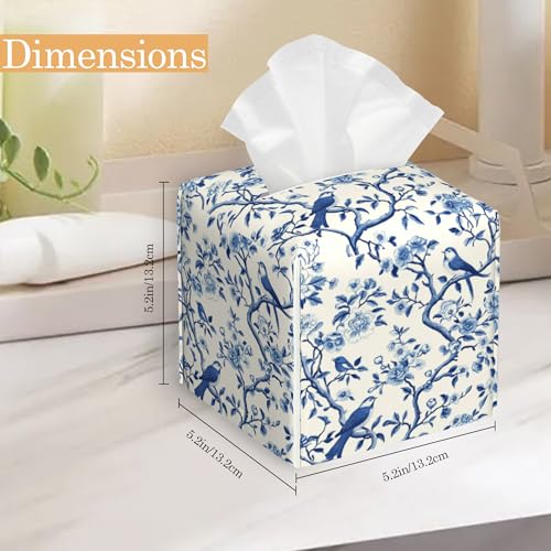 Blue Flowers Tissue Box Cover, Birds Tissue Box Holder Waterproof Leather Facial Paper Organizer Dispenser for Bathroom Home Car Nightstand Vanity - color: Blue Flowers Birds
