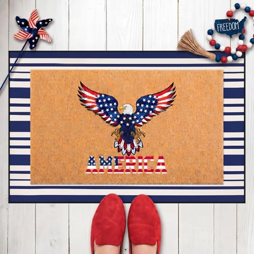 Timgle 2 Pcs Eagle Patriotic Doormat Set America Flag Veterans Day Outdoor Rug and Navy White Striped Area Rug Non-Slip Welcome Front Mat for Memorial Day Home Decor - style: Bald Eagle