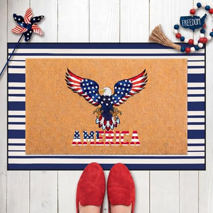 Timgle 2 Pcs Eagle Patriotic Doormat Set America Flag Veterans Day Outdoor Rug and Navy White Striped Area Rug Non-Slip Welcome Front Mat for Memorial Day Home Decor - style: Bald Eagle