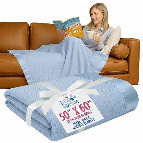 Thermal Waffle Knit Throw Blanket Satin Trim Blue 50" x 60" | Adult throw blanket with soft lightweight waffle knit design, satin trim & breathable layer for couch, bed & living room use. - color: Blue - Satin Trim