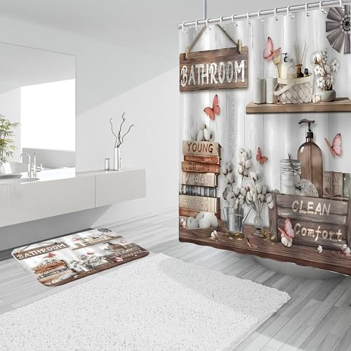 DDQQ 4Pcs Shower Curtain Sets, Farmhouse Style Bathroom Curtains Shower Set, Cupboard Bathroom Decor Sets, Shower Curtain with Rugs, Toilet Lid Cover, Bath Mat and 12 Hooks, 71 x 71 in - color: Cream