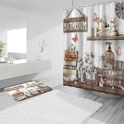 DDQQ 4Pcs Shower Curtain Sets, Farmhouse Style Bathroom Curtains Shower Set, Cupboard Bathroom Decor Sets, Shower Curtain with Rugs, Toilet Lid Cover, Bath Mat and 12 Hooks, 71 x 71 in - color: Cream