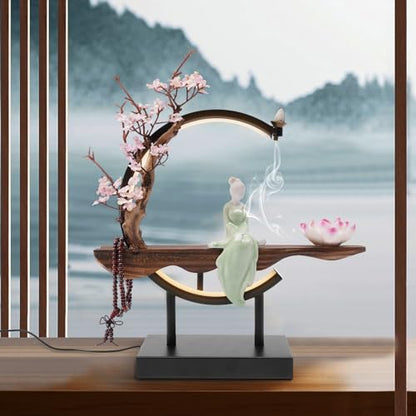 Backflow Incense Burner | Lotus Incense Holder Waterfall Smoke Fountain with Handmade Ceramic & Stable Wood Base for Meditation, Yoga, Tea Room & Home Decor | 32x35cm