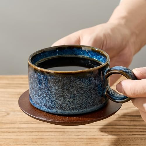 LUKA 6 Ounce Porcelain Stackable Espresso Cups with Saucers and Metal Stand Set of 4, Ceramic Cappuccino Cups Set for Specialty Coffee Drinks, Latte, Cafe Mocha and Tea, Reactive Blue - color: Reactive Blue