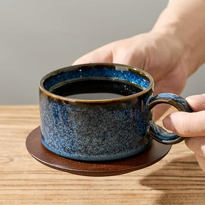 LUKA 6 Ounce Porcelain Stackable Espresso Cups with Saucers and Metal Stand Set of 4, Ceramic Cappuccino Cups Set for Specialty Coffee Drinks, Latte, Cafe Mocha and Tea, Reactive Blue - color: Reactive Blue