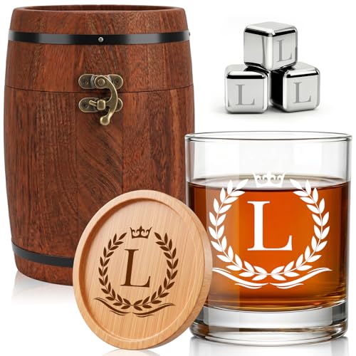 Personalized Whiskey Glass Gift Set with Custom Initial A-Z Rocks Glass, Personalized Chilling Stones & Coaster in Vintage Wooden Oak Barrel Box - Birthday Gifts for Men Dad Husband(L) - color: Letter-L