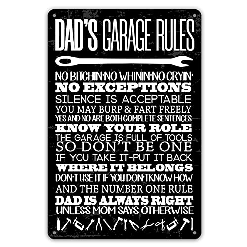 QIONGQI Funny Dad's Garage Rules Metal Tin Sign Wall decor Garage Quote Sign for Home Garage Men Cave Decor Gifts for Dad Father(Wooden Style) - color: DADs