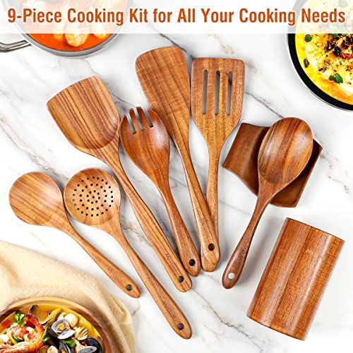 Mooues Wooden Kitchen Utensil Set, 9 Piece Natural Teak with Spoon Rest | Wooden Cooking Utensils with Comfort Grip, Smooth Durable Heat Resistant Cooking Spoons and Utensils Holder for Cooking - size: 9 PCS Set