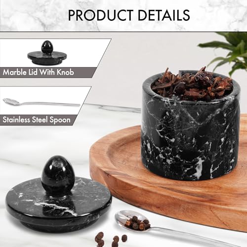 Marble Salt Cellar with Lid 4" Inch Black Handmade Salt Jar & Spice Storage Containers For Kitchen Countertop, Ideal Sugar Bowl & Salt dish For Table - color: Black