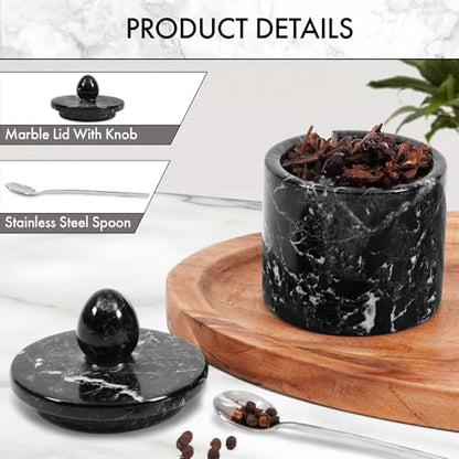 Marble Salt Cellar with Lid 4" Inch Black Handmade Salt Jar & Spice Storage Containers For Kitchen Countertop, Ideal Sugar Bowl & Salt dish For Table - color: Black