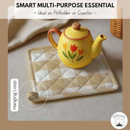 Native Fab Buffalo Plaid Check Oven Mitts and Pot Holders Set of 4, 100% Cotton Heat Resistant Kitchen Gloves, 2 Oven Mitts (7x13), 2 Pot Holders (8x8) for Cooking & Baking, Beige White - color: Buffalo, Beige