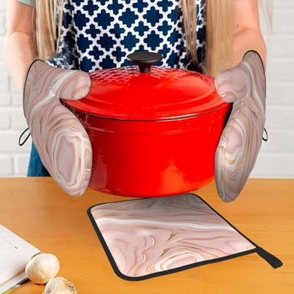 Pink Golden Marble Oven Mitts and Pot Holders Sets of 3 | Heat Resistant Hot Pads Rose Pink Modern Oven Gloves For Kitchen Cooking Bbq Baking - color: Pink Gold