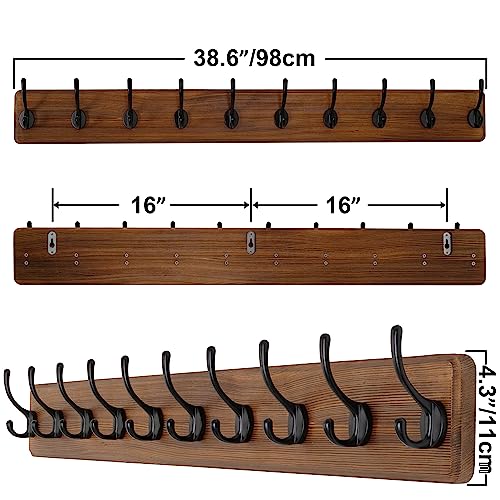 SKOLOO Farmhouse Style Wall Mounted Coat Rack, 38.6'' Pine Solid Wood Coat Hook Hanger - 10 Hooks for Hanging Clothes Robes Towels Coats - color: Brown Plate & Black Hook, size: 1 Item-10 Hooks