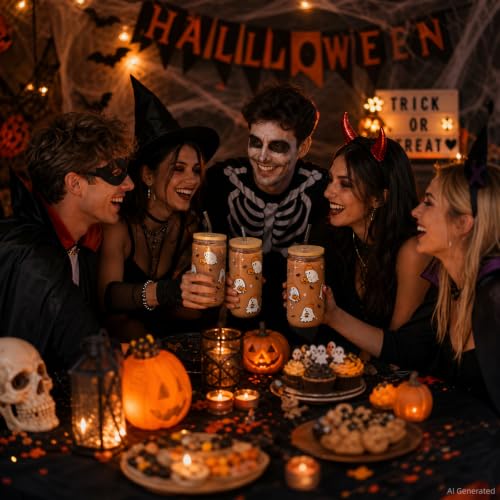 Halloween Ghost Gift Cute Pumpkin Glass Cup with Lid and Straw | Fall Iced Coffee Glass Tumbler Mug Gifts for Women Men, Birthday Thanksgiving Presents Basket Stuff for Teens Girls 16oz - style: Hat Ghost