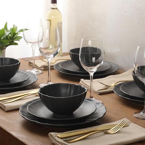 Gibson Elite Vista Rossio - Made In Portugal - 12 Piece Dinnerware Set for 4, Black Ceramic Plates and Bowls Sets, Stoneware Dishware Set with Scalloped Edge, Dinner Plates Salad Plates & Cereal Bowls - color: Black (Vista Rossio Dinnerware)