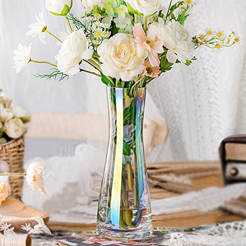 Aoderun Flower Vase for Decor 10" Clear Glass Vase for Centerpieces Large Vases for Flowers Dried Flower Home Decor Living Room Kitchen Office Wedding(Iridescent Clear) - color: Iridescent Clear