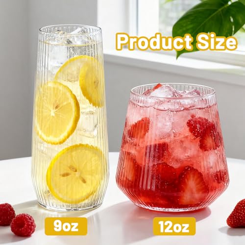24 Pack Disposable Ribbed Origami Ripple Plastic Champagne Glasses Set | 9OZ Stemless Champagne Flutes and 12OZ Cups, BPA-Free Shatterproof Clear Disposable Cocktail Glasses for Party, Wedding