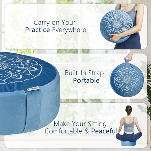 Hihealer Meditation Cushion, Traditional Tibetan Meditation Pillow Velvet Cover - Large Floor Cushion Seating for Adults - Yoga Buckwheat Bolster for Women、Moms - color: Restful Light Blues
