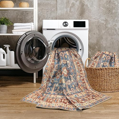 GLN Rugs Bohemian - Jerusalem - Machine Washable Area Rug, Boho Washable, Non Slip, Low Pile Chenille Area Rug, Entryway, Hallway, Kitchen Rug - Easy Clean (4' x 6' Terra/Slate Blue) - color: Terra/Slate Blue, size: 4' x 6' (Rectangular)