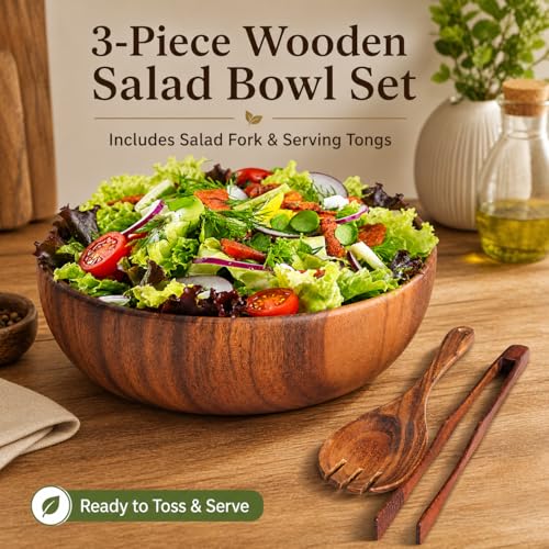 Acacia Wood Salad Bowl Set with Serving Utensils, 9 Inch Wooden Serving Bowl with Salad Fork and Tongs, One-Piece Glue-Free Crack Resistant Bowl for Salad, Fruit, Pasta and Snacks
