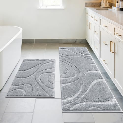 HEBE Bathroom Rugs Sets 2 Piece, Non Slip Washable Absorbent Bath Mat Set | Super Soft Plush Microfiber Bathroom Mats with Runner Set, Solid Bathmat for Floor, Bath Rug for Tub, Shower, Vanity - color: Light Grey, size: 20"x32"+20"x48"