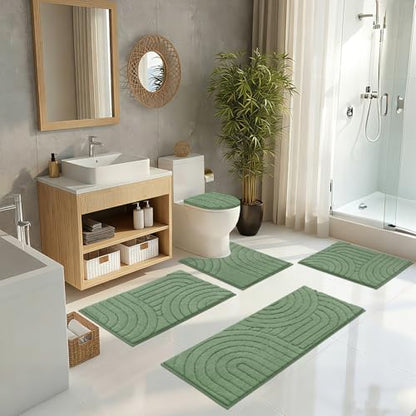 Pauwer Bathroom Rugs Sets 5 Piece, Absorbent Non Slip Bath Mat Set, Green | Machine Washable, Microfiber Plush, Quick Dry Runner, U Shaped Contour Toilet Rugs, Shower Mats and Toilet Lid Cover - color: Green