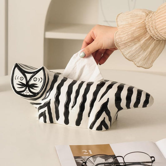 Ceramic Tissue Box Cat Shaped Tissue Box Creative Living Room Decoration Tissue Holder for Vanity Tables, Living Rooms, Bedrooms, Kitchens (Black White) - color: Black White