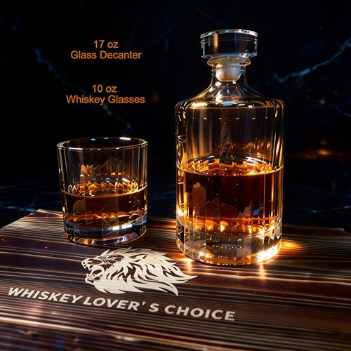 Whiskey Decanter Set 500ml(17oz), Lead-Free Crystal with 2 Glasses, Flat Panel for Custom Labels, Granite Chilling Stones, Slate Coasters, Premium Pine Gift Box, Compact Bar Kit for Bourbon Scotch