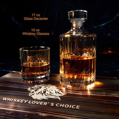 Whiskey Decanter Set 500ml(17oz), Lead-Free Crystal with 2 Glasses, Flat Panel for Custom Labels, Granite Chilling Stones, Slate Coasters, Premium Pine Gift Box, Compact Bar Kit for Bourbon Scotch