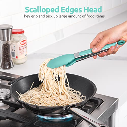 U-Taste 480ºF Heat Resistant Food Grade Silicone Spoon Spatula Set of 3 (Multicolor), and 480℉ Heat-Resistant Food-Grade Non-Stick Firm Cooking Tong 9 inch (Aqua Sky)