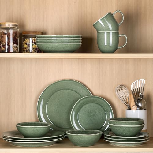 AmorArc Ceramic Dinnerware Sets for 4, Handmade Plates and Bowls Sets | Stoneware Reactive Glaze Dish Set, Scratch Resistant, Dishware Set for Kitchen Wedding, Dishwasher & Microwave Safe, 12 Pcs - color: Jade Green