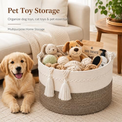 KAKAMAY Large Blanket Basket (20"x13"),Woven Baskets for storage Baby Laundry Hamper, Cotton Rope Blanket Basket for Living Room, Laundry, Nursery, Pillows, Baby Toy chest (White/Beige) | Extra Large Capacity | Natural Cotton Rope | Blanket Storage | Wove