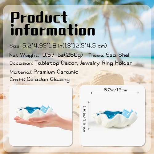 Seashell Ceramic Jewelry Trinket Tray, Blue White Decorative Ring Holder Dish for Rings Earrings Necklaces, Women’s Birthday Gift, Mother’s Day Present - style: Shell