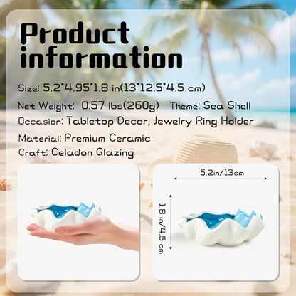 Seashell Ceramic Jewelry Trinket Tray, Blue White Decorative Ring Holder Dish for Rings Earrings Necklaces, Women’s Birthday Gift, Mother’s Day Present - style: Shell