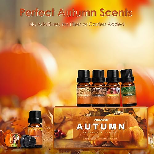 ARVIDSSON Autumn Fragrance Oil Set, Fall Essential Oils for Diffuser | Pumpkin Spice, Cinnamon, Spiced Cider, Snickerdoodle, Autumn Wreath, Pine, Cozy Aromatherapy Oils Gift, 6x10ml - color: Orange