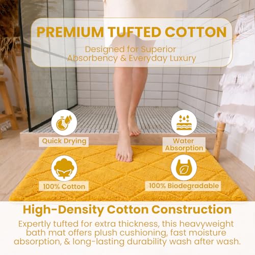 C23 20"x32" 100% Cotton Washable Bath Mat - 210 GSF Non-Slip Rug, Mustard Yellow - color: Mustard