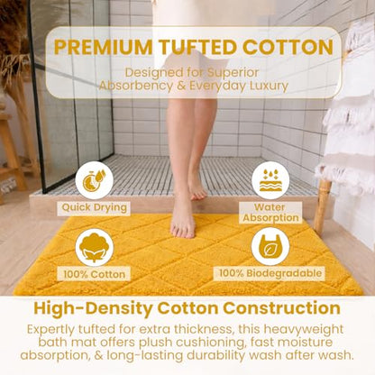 C23 20"x32" 100% Cotton Washable Bath Mat - 210 GSF Non-Slip Rug, Mustard Yellow - color: Mustard