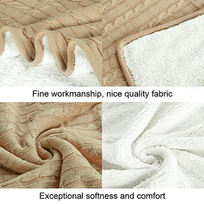 NTBAY Twin Cotton Cable Knit Sherpa Blanket, 60 x 80, Khaki | Cotton Cable Knit Front with Warm Sherpa Reverse, 60 x 80 Inch Twin Blanket for Bed, Sofa, and Cold-Weather Layering - color: Khaki