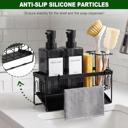 GMISUN Dish Soap Dispenser for Kitchen, 12 fl oz Dual Kitchen Soap Dispensers with Sponge Holder, Clear Black Glass Kitchen Soap Dispenser Set, Modern Hand and Dish Soap Bottle Set - color: Clear Black Bottle + Black Rack
