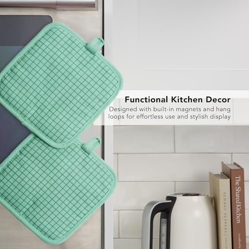 KITCHENAID Gourmet Series Gridlines Pot Holders 2-Pack Set, Heat Resistant up to 600°F, Soft Silicone Grip, Magnetic Cuff, Color of The Year, Spearmint, 8"x8" - color: Spearmint