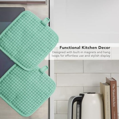 KITCHENAID Gourmet Series Gridlines Pot Holders 2-Pack Set, Heat Resistant up to 600°F, Soft Silicone Grip, Magnetic Cuff, Color of The Year, Spearmint, 8"x8" - color: Spearmint