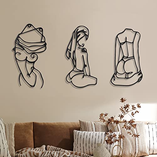 Photect 3 Pcs Metal Wall Art Decor Minimalist Abstract Woman Wall Art Metal Modern Line Drawing Decor Female Single Line Home Hanging for Bedroom Bathroom Living Room Housewarming(Lively,Black) - color: Black, style: Lively