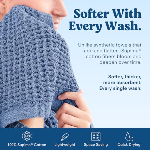 ONSEN Supima® Waffle Bath Towel Set, Quick Dry Lint Free 100% USA Cotton, Bath Hand and Face Towel Bundle, 3 Piece (Denim Blue, Bath Towel Set) - color: Denim Blue, size: Bath Towel Set