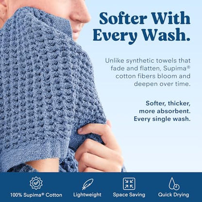 ONSEN Supima® Waffle Bath Towel Set, Quick Dry Lint Free 100% USA Cotton, Bath Hand and Face Towel Bundle, 3 Piece (Denim Blue, Bath Towel Set) - color: Denim Blue, size: Bath Towel Set
